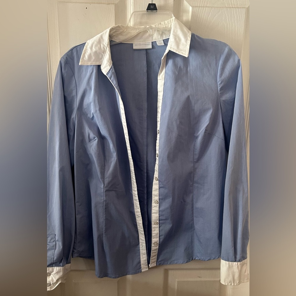 New York & Company Light Blue Button Down with White Accents